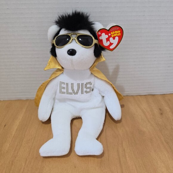 Ty Beanie Babies "Teddy Bear" Elvis with Gold Cape Sunglasses New with Tags - Picture 1 of 6